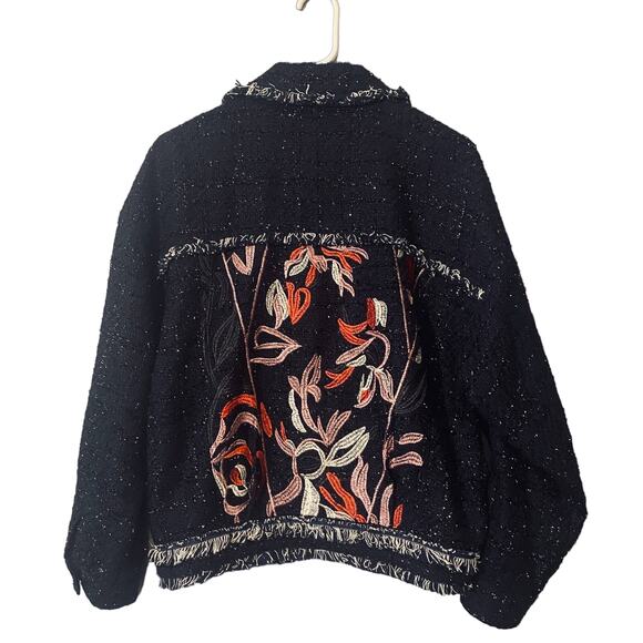 Foxiedox Anthro Metallic Navy Blue Floral Embroidered Fringe Jacket Women SZ 4 - Picture 2 of 10